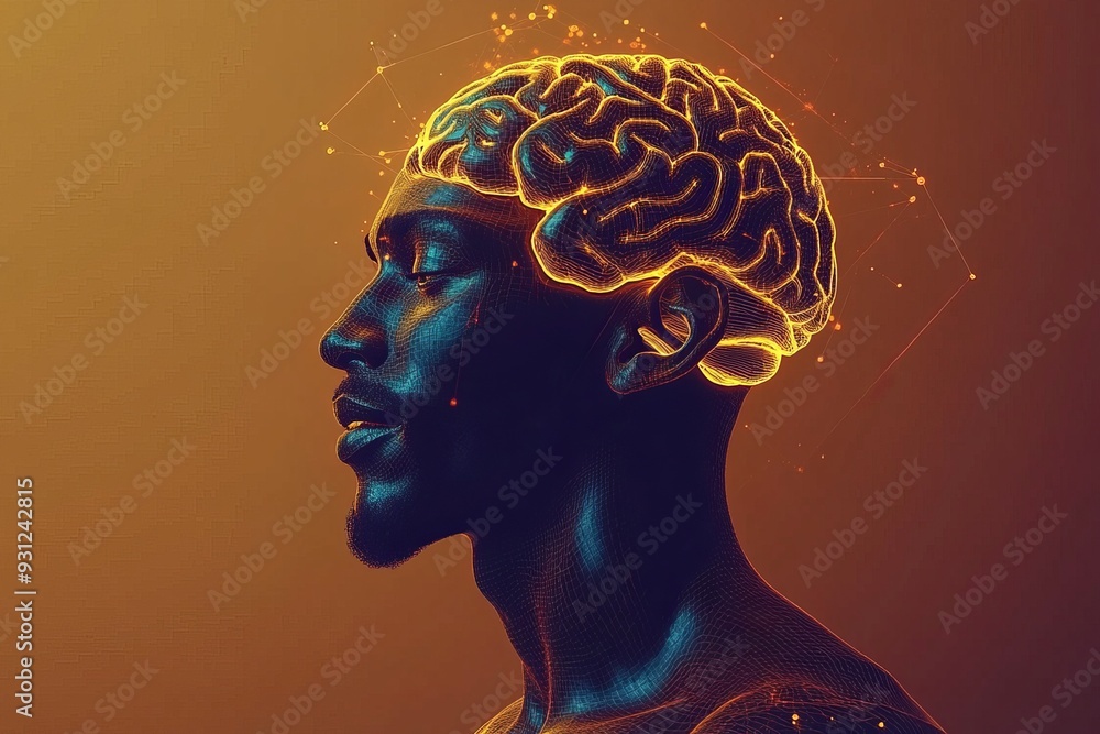 Obraz premium Portrait of a woman with a glowing brain and bright halo symbolizing the harmonious balance between thoughts emotions and the peaceful energy of the mind in a serene outdoor setting