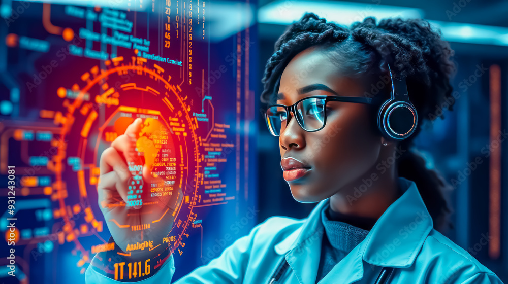artificial intelligence cyber security threat, black african american female IT specialist analysing data information technology, augmented reality AI collage. artificial intelligence cyber security threat, black african american female IT specialist analysing data information technology, augmented reality AI collage.