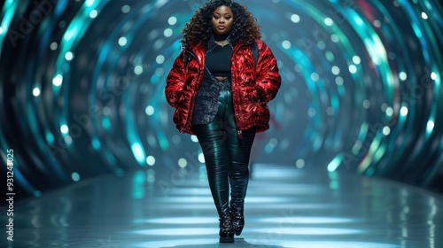 Confident Plus Size Model Walking Down Fashionable Runway in Stylish Red Jacket and Black Pants
