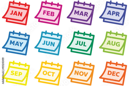 Months of year in the yearly calendar, date and time calendar for the planner, reminder diary in the office