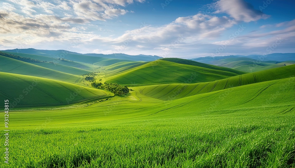 Fresh green fields in spring with a blue sky backdrop on a hill Fresh green fields in spring with a blue sky backdrop on a hill
