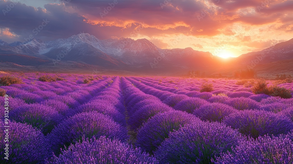 Lavender Field Serenity, a vibrant field filled with blooming lavender under bright sunlight, framed by majestic mountains in the distance, creating a tranquil and picturesque landscape. Lavender Field Serenity, a vibrant field filled with blooming lavender under bright sunlight, framed by majestic mountains in the distance, creating a tranquil and picturesque landscape.