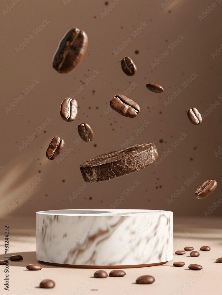 Fototapeta premium marble round podium for product demonstration, coffee beans flying around, banner design.generative ai