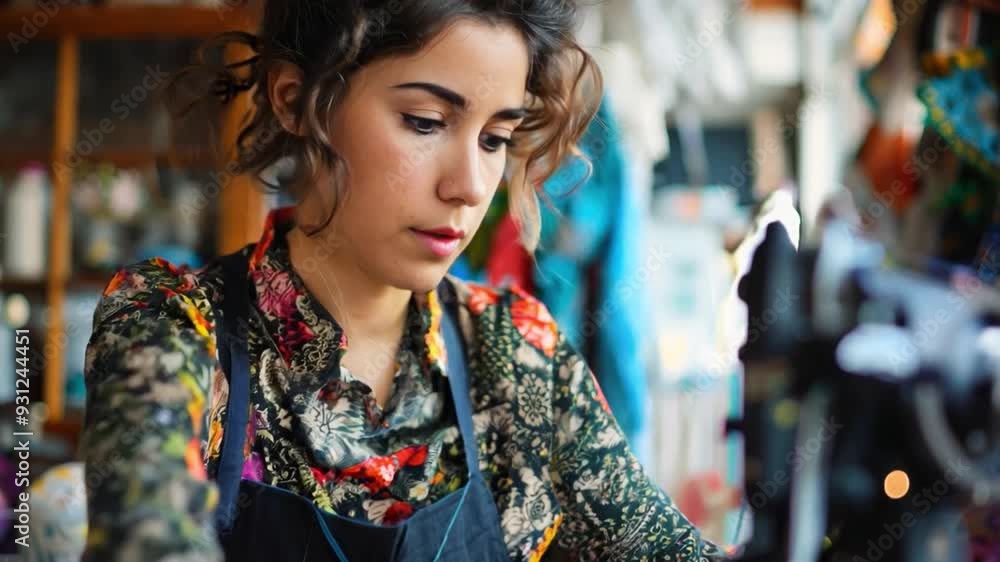 A woman sewing a dress in her craft room, showcasing creativity and skill. A woman sewing a dress in her craft room, showcasing creativity and skill.