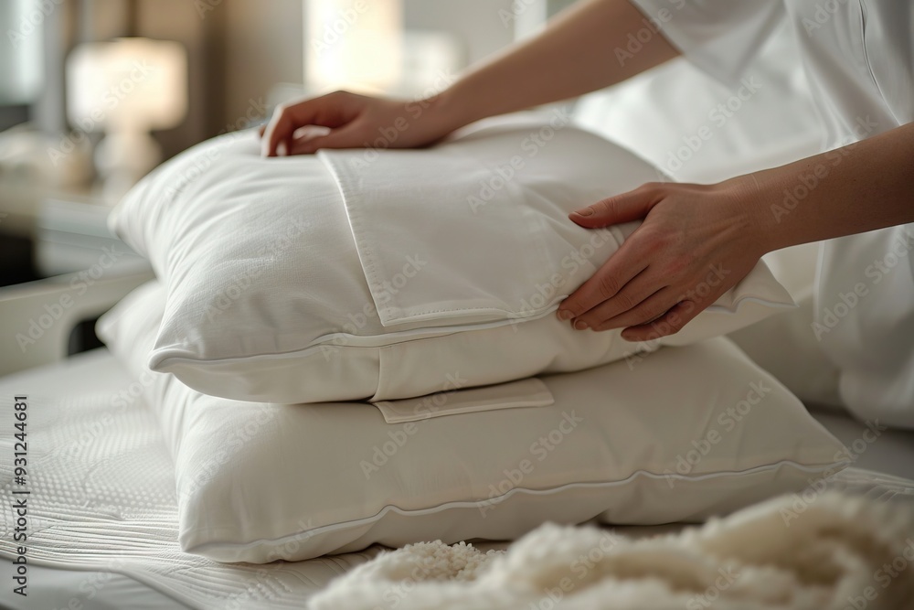A woman's hand is adjusting two white pillows on a bed with a white throw blanket in the foreground. A woman's hand is adjusting two white pillows on a bed with a white throw blanket in the foreground.