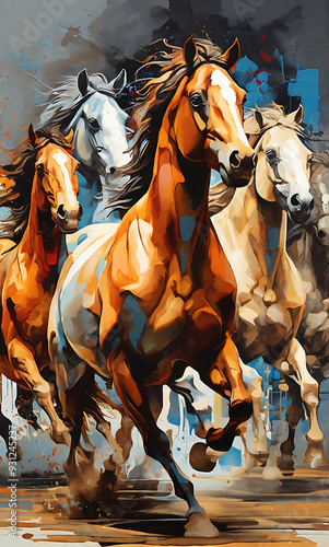 An Abstract paint image of seven horses running, with paint spots and strokes. detailed Large strokes, mural, art style, vastu art, oil painting style image art style 