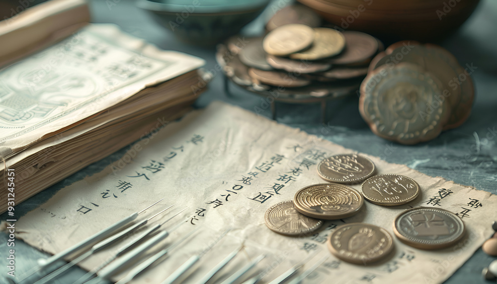 Acupuncture needles, ancient coins and paper with characters on grey textured table, closeup Acupuncture needles, ancient coins and paper with characters on grey textured table, closeup