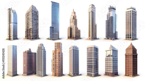 Collection of 12 detailed, 3D rendered skyscraper models on a white background.