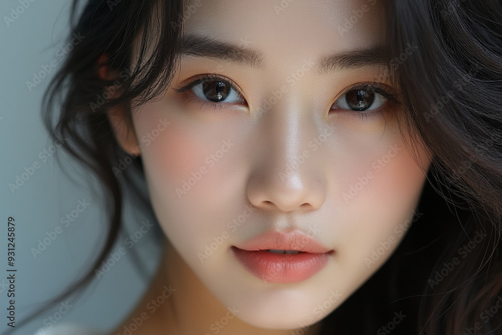 Fototapeta premium 청순가련한 여성, 자연광, 미인점,코점,K-BEAUTY,메이크업, 립스틱