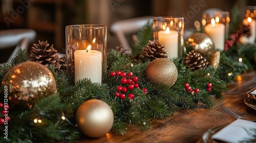 Elegant holiday table adorned with flickering candles, lush greenery, sparkling ornaments, inviting warmth and joy for seasonal gatherings and celebrations. photo