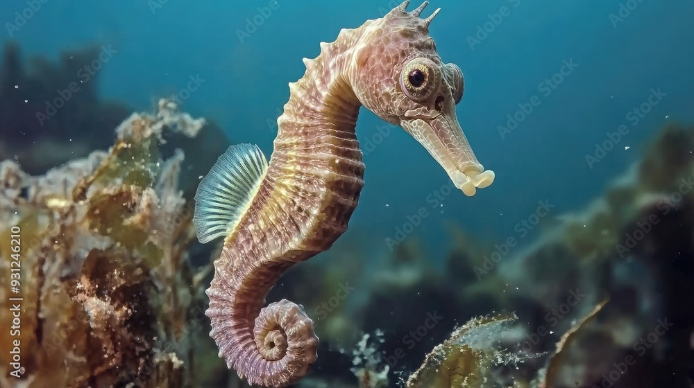A single seahorse swims through a kelp forest in the ocean, its tail curled behind it. A single seahorse swims through a kelp forest in the ocean, its tail curled behind it.