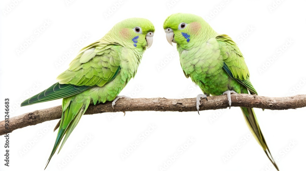 Fototapeta premium Two green parakeets on a branch isolated on white background