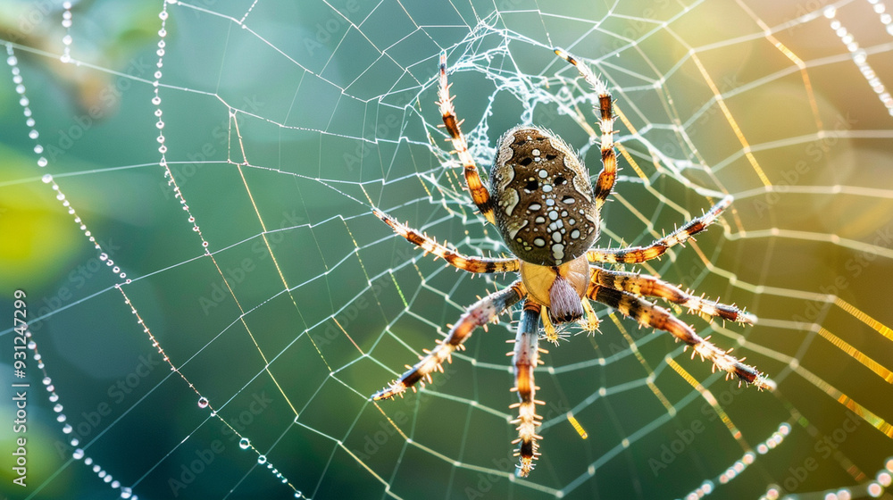 Close-up of a spider spinning its web, with silk strands glistening in the light Close-up of a spider spinning its web, with silk strands glistening in the light