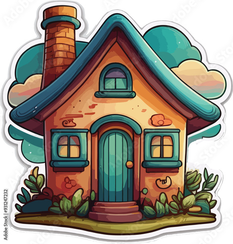 cute cartoon house sticker with white background