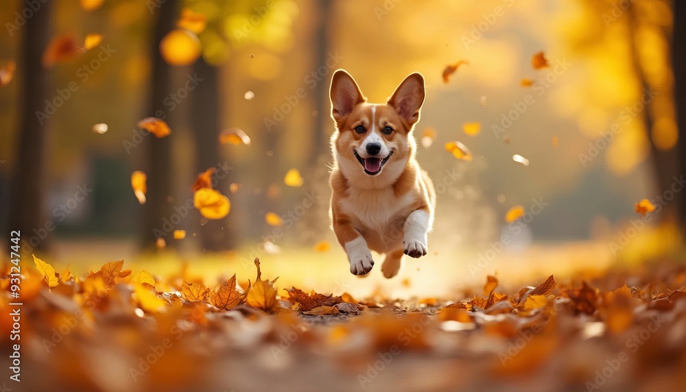 Playful Dog Dashing Through Autumn Foliage Playful Dog Dashing Through Autumn Foliage