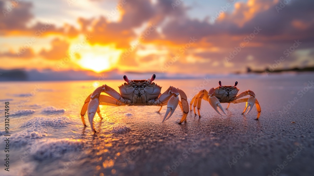 Two crabs on a beach at sunset, showcasing nature's beauty. Two crabs on a beach at sunset, showcasing nature's beauty.
