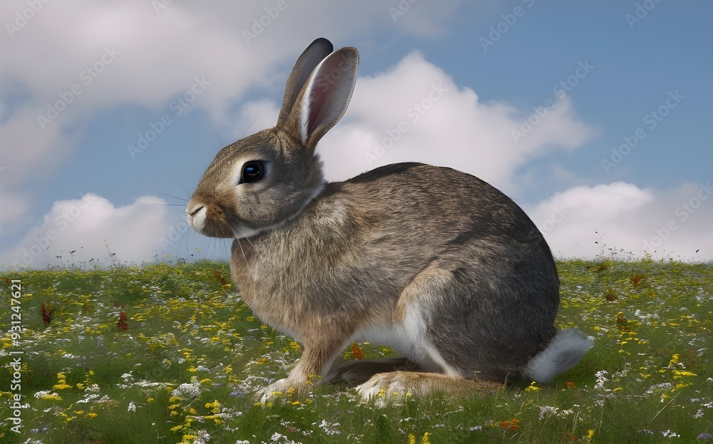 Fototapeta premium Cute Rabbit in a Field of Wildflowers with Blue Sky Background.