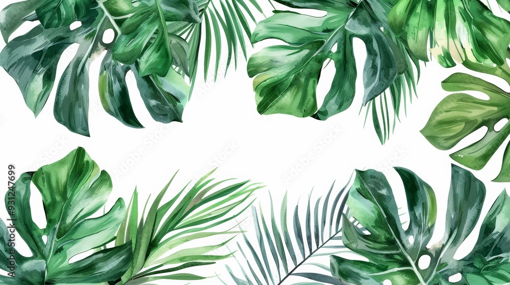 Of palm trees and Monstera Deliciosa branches in watercolor. Vector on transparent background. Of palm trees and Monstera Deliciosa branches in watercolor. Vector on transparent background.