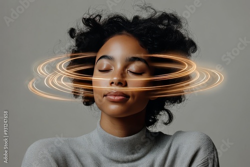 Meditative woman with a digital brain surrounded by swirling light rings symbolizing mindfulness mental clarity and the integration of technology in cognitive wellness photo