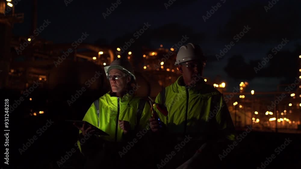 Team Engineer working at night shift with laptop Inside Oil Refinery Gas Chemical plant. Senior Engineer wearing safety jacket and PPE working about Petrochemica Chemical Prodiction Team Engineer working at night shift with laptop Inside Oil Refinery Gas Chemical plant. Senior Engineer wearing safety jacket and PPE working about Petrochemica Chemical Prodiction
