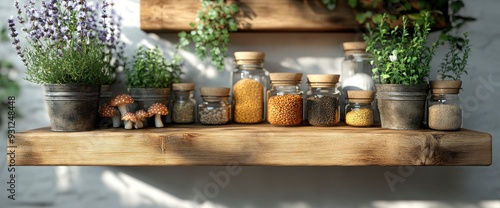 Kitchen Shelves With Ceramic Utensils, Fresh Flowers