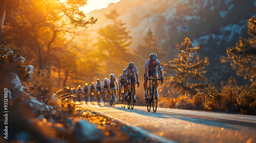 Cyclists Riding in a Peloton on a Winding Country Road during Golden Hour