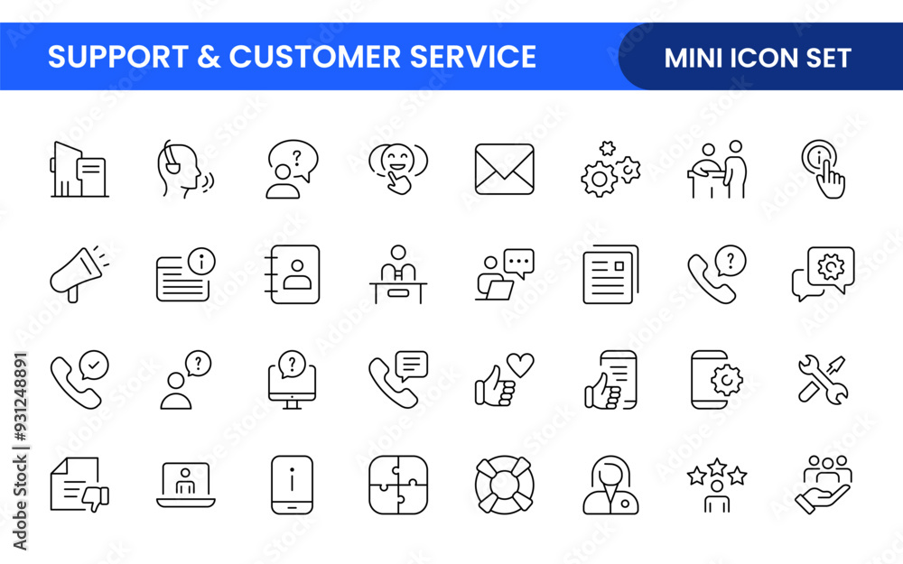 Support and customer service outline style modern icons set. Customer Feedback, Response, experience, helpline and technical support icon illustration Support and customer service outline style modern icons set. Customer Feedback, Response, experience, helpline and technical support icon illustration