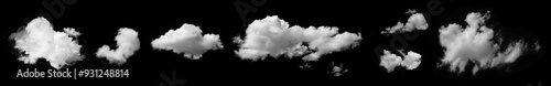 Set collection of white long and small cumulus clouds isolated on black background. Climate, metrology, design element, brush