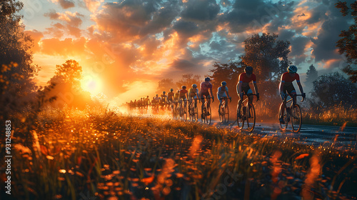 Cyclists Riding in Peloton on Winding Countryside Road at Vibrant Sunset