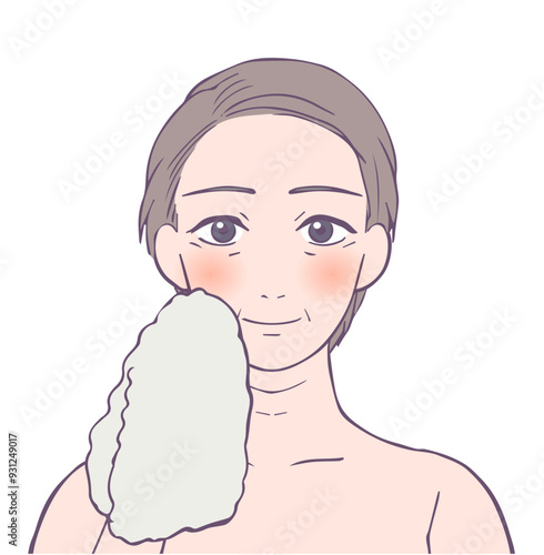 目を閉じて微笑むミドル女性の上半身、ビューティーイラスト