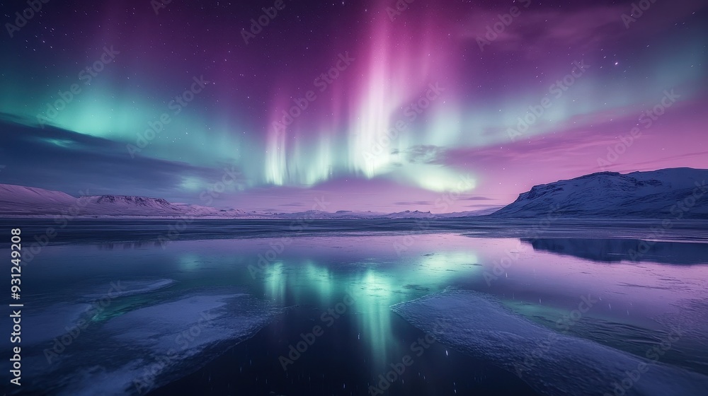 A stunning display of auroras reflecting on a tranquil icy landscape. A stunning display of auroras reflecting on a tranquil icy landscape.