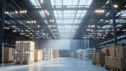 Bright, white lighting in the warehouse, with large, rectangular lights on black metal columns