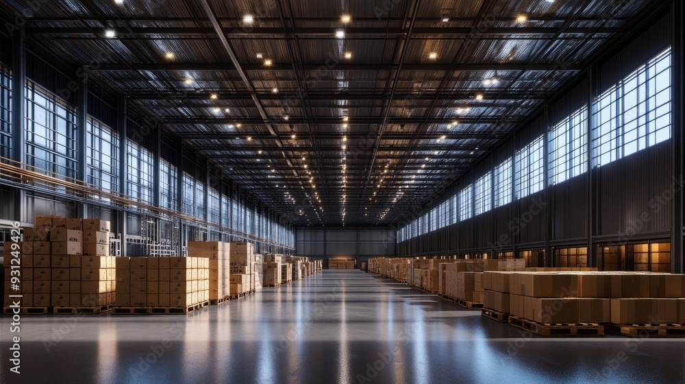 Bright, white lighting in the warehouse, with large, rectangular lights on black metal columns Bright, white lighting in the warehouse, with large, rectangular lights on black metal columns