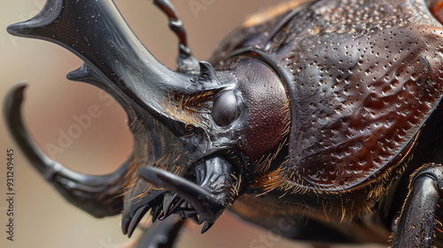 Close-up of a rhinoceros beetle's horned head, showing the tough exoskeleton and intricate ridges