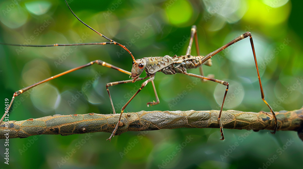 Detailed view of a stick insect blending into its surroundings, with elongated body and twig-like legs Detailed view of a stick insect blending into its surroundings, with elongated body and twig-like legs