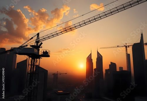 A cityscape with skyscrapers and construction cranes silhouetted against a colorful sunset sky