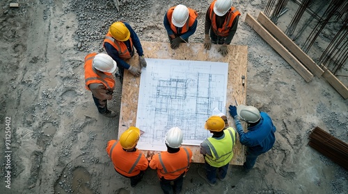 A group of engineers and workers discussing plans at a construction site with blueprints spread across a table