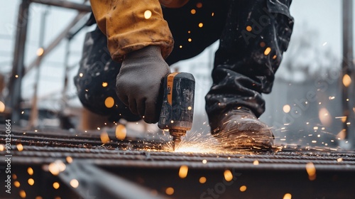 A close-up of a workers hands using a power tool to cut through metal beams at a construction site photo