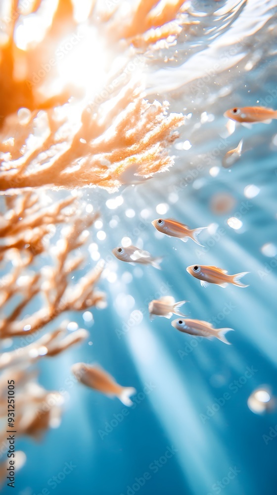 Underwater scene with small fish swirling around coral branches, reflecting the beauty and vibrancy of a healthy marine environment Underwater scene with small fish swirling around coral branches, reflecting the beauty and vibrancy of a healthy marine environment
