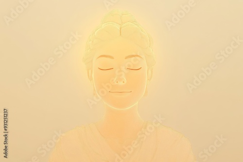 Meditative woman in golden hue embodying tranquility and a deep connection with mindfulness