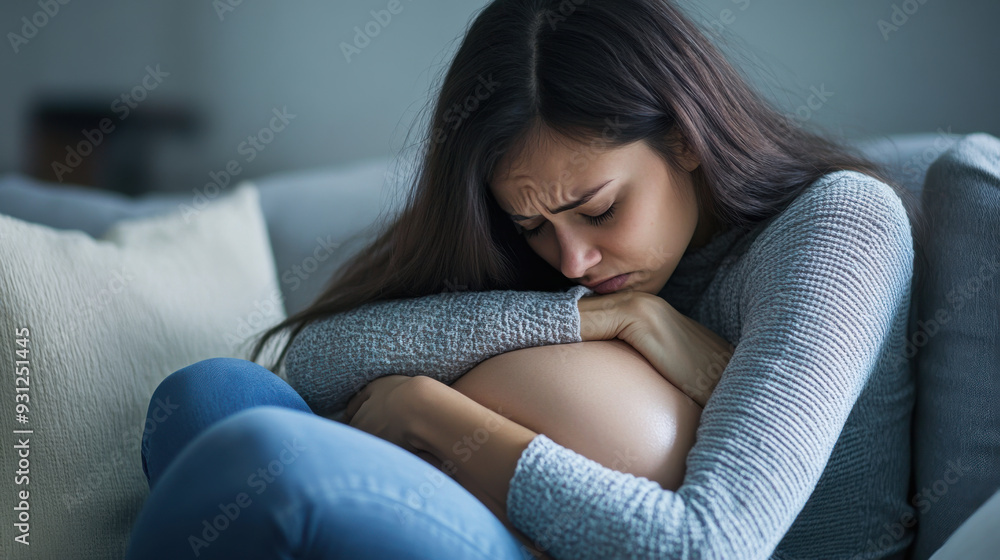 A woman curled up on a sofa, holding her tummy in discomfort, experiencing menstrual A woman curled up on a sofa, holding her tummy in discomfort, experiencing menstrual