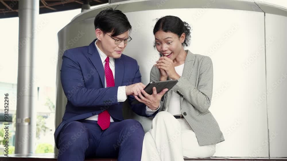 Two young business man and woman in formal meeting and discussing documents and using a tablet in modern office, businessman planning with partner or consulting, business and team concept. Two young business man and woman in formal meeting and discussing documents and using a tablet in modern office, businessman planning with partner or consulting, business and team concept.