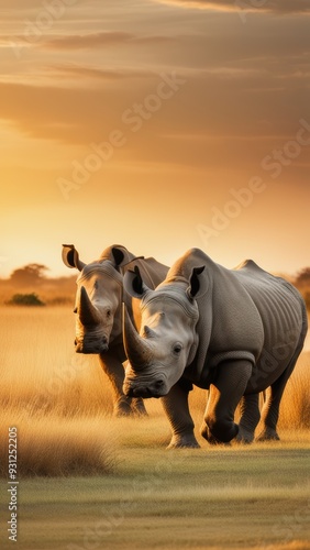 Two rhinos calmly grazing in a serene savanna landscape at golden hour. 