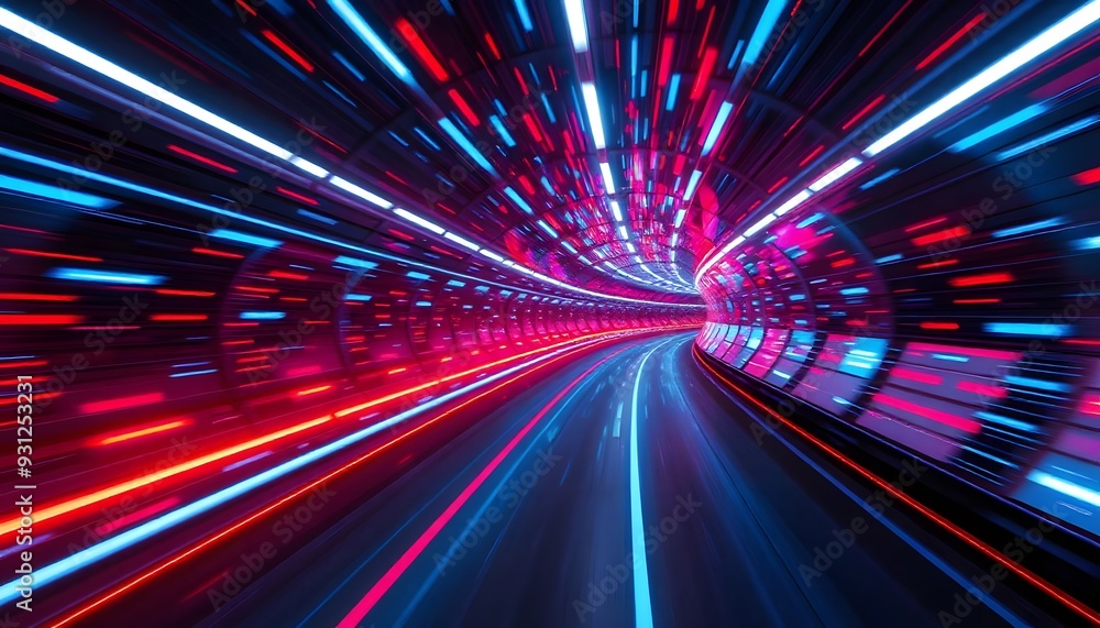 A futuristic, neon-lit tunnel with a red circular light at the end, surrounded by blue and pink streaks of light creating a sense of speed and motion