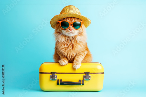 A cat wearing a summer hat resting its paws on a yellow suitcase against a blue background, symbolizing travel and vacation vibes. photo