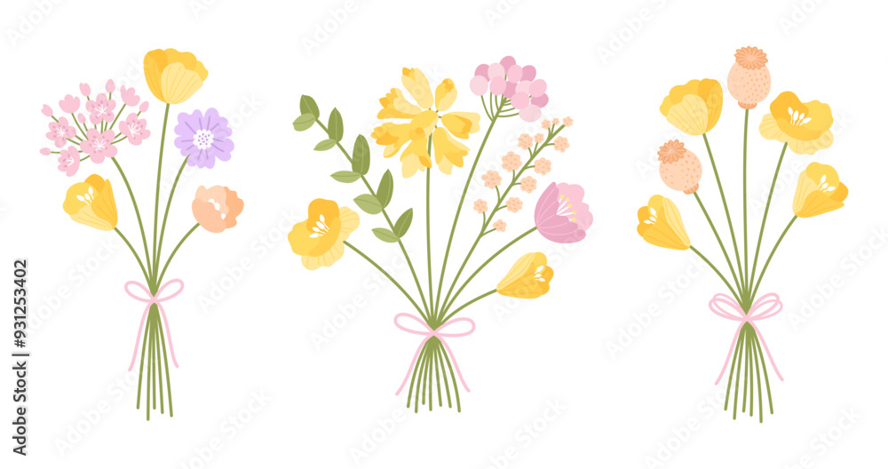 Obraz premium Wildflower bouquets set. Gentle bouquets with poppies, meadow herbs, and wild plants. Flowers tied with ribbons. Vector floral illustration for design projects