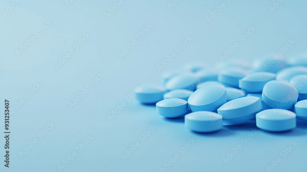 Medication tablets and capsules on blue background. Concept of healthcare and medicine. Top view, copy space Medication tablets and capsules on blue background. Concept of healthcare and medicine. Top view, copy space