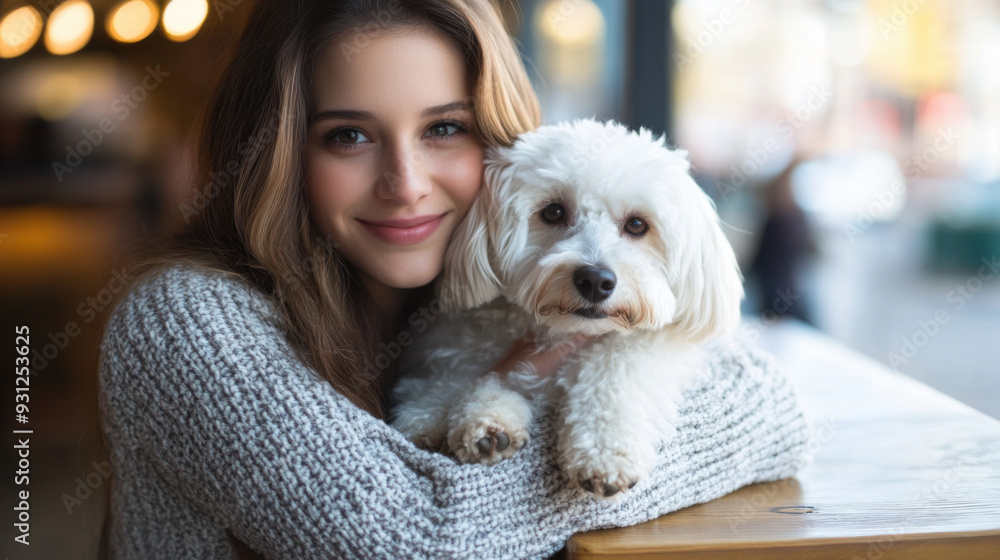Beautiful woman holding her white dog in her arms, sitting at a wooden table in a cozy coffee Beautiful woman holding her white dog in her arms, sitting at a wooden table in a cozy coffee