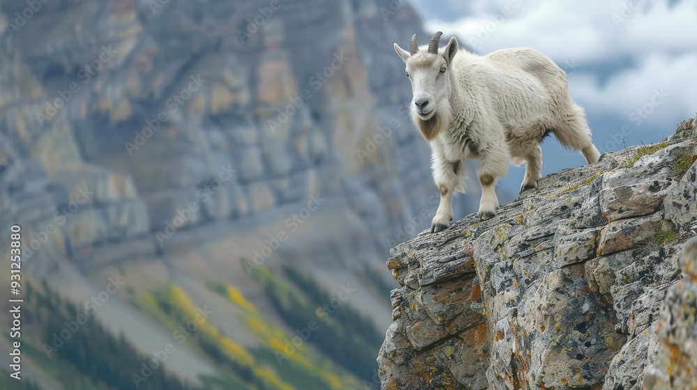 Agile mountain goat balancing on steep cliff face, Agile mountain goat balancing on steep cliff face,