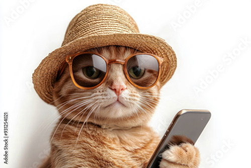 An amusing cat dressed in a sun hat and sunglasses is using a mobile phone, blending the elements of cuteness and humor in modern pet style.